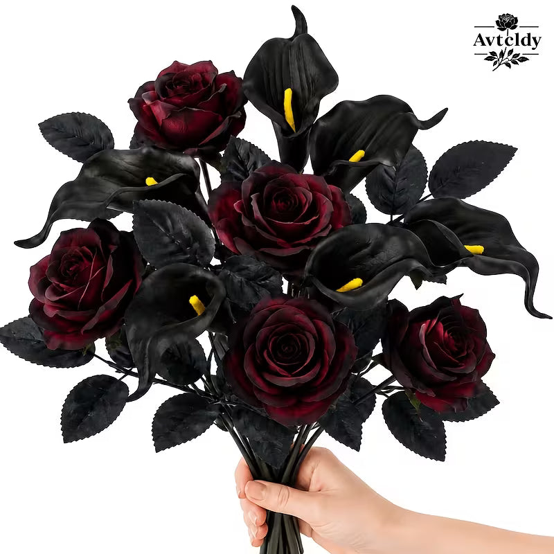 12pcs Autumn Halloween Burgundy Rose Black Lily Simulation Bouquet
