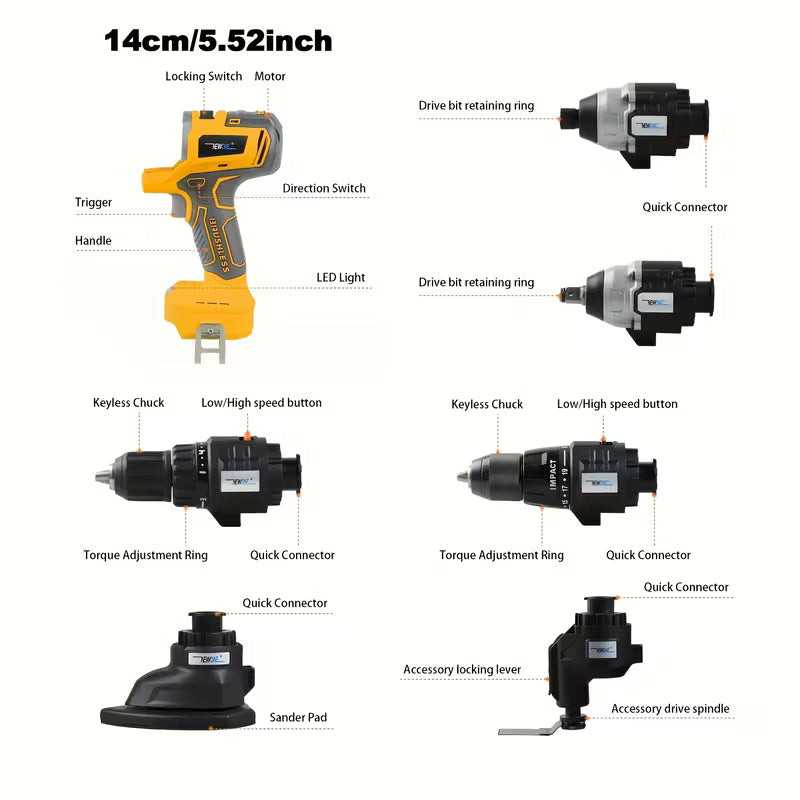 Brushless Multifunction Tool Combination (compatible for Dewalt Battery), 12 Attachment: Drill