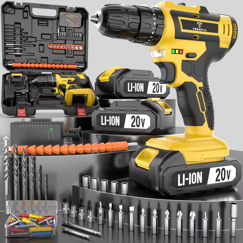 Heavy Duty 20V Cordless Drill Drills Through Wood Metal Concrete, Power Tool Set