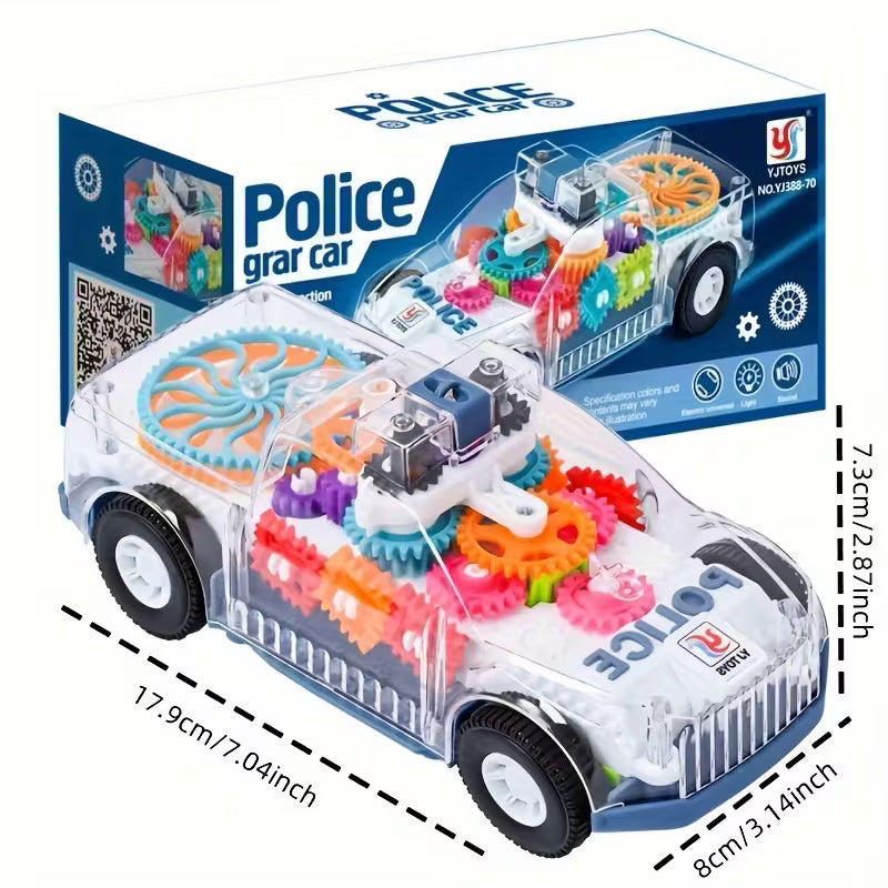 Kids Electric Transparent Gear Police Car Toy Lights Music Powered