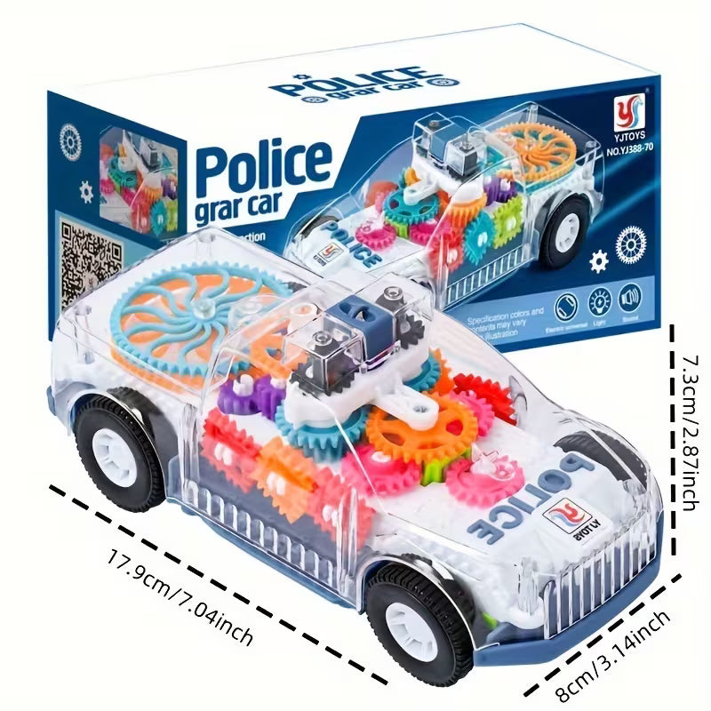 Kids Electric Transparent Gear Police Car Toy Lights Music Powered