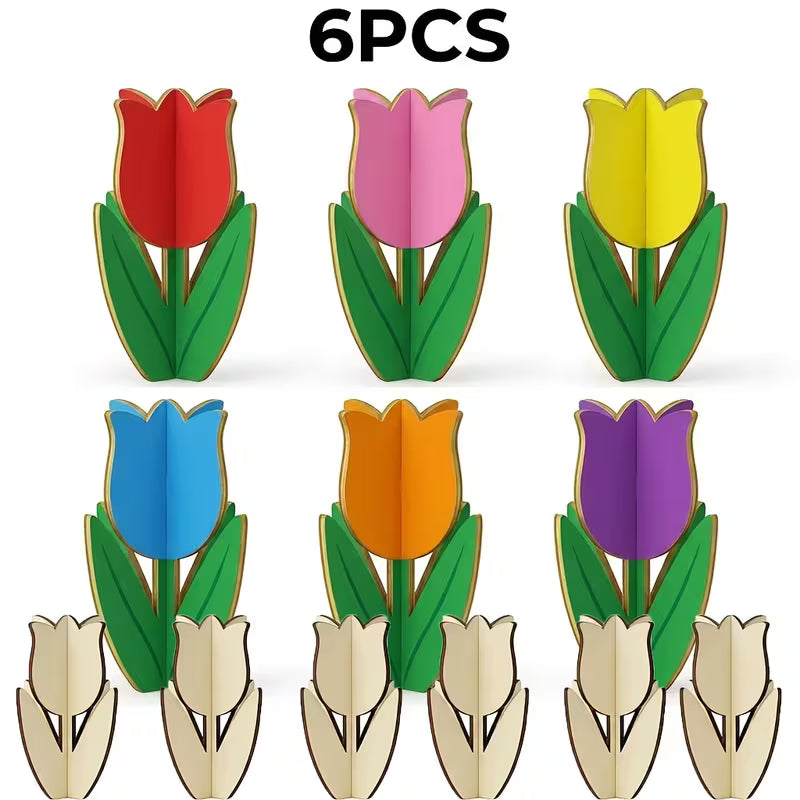 Set of 6 Wooden Tulip Shapes Ideal for Crafts, Mother's Day Gifts, and 3D Paintable DIY Floral