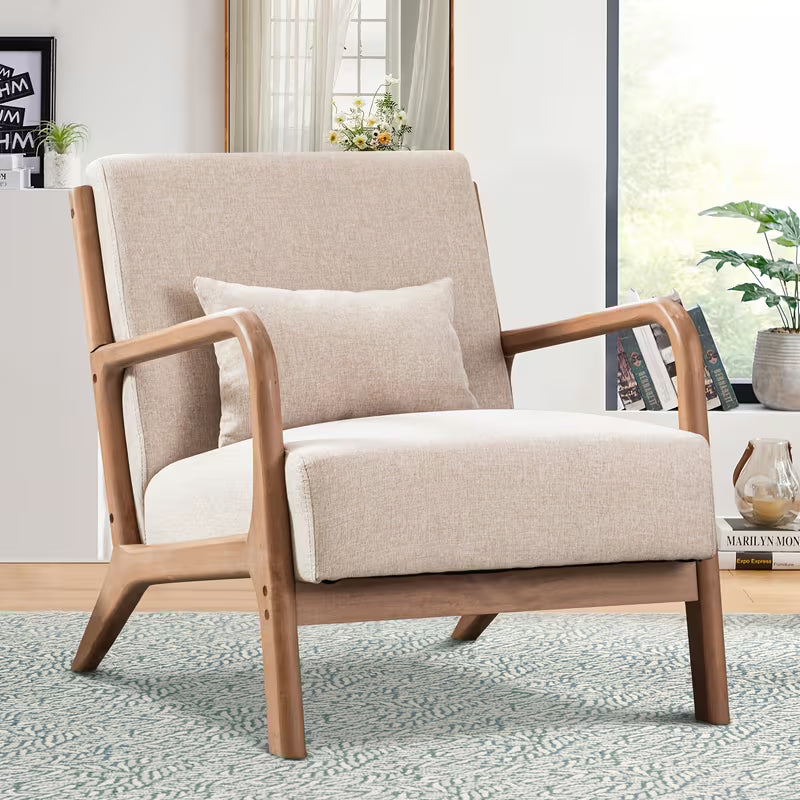 Mid-Century Modern Accent Chair, Linen Fabric Upholstered Living, Wood
