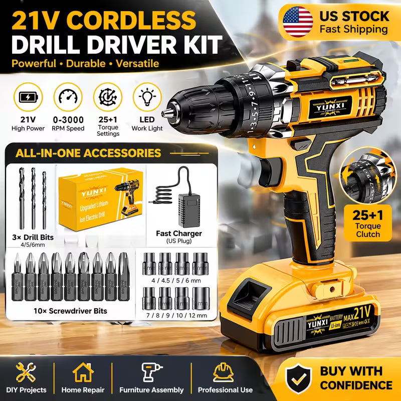 21V Cordless Impact Drill Set (2.0AH Battery and Fast Charging), Optional Drill Set and Storage Box