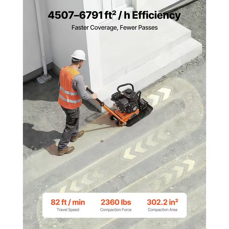 VEVOR Plate Compactor, 6.5 HP 196CC Gas Engine, 5600 VPM Vibrating Ground Rammer