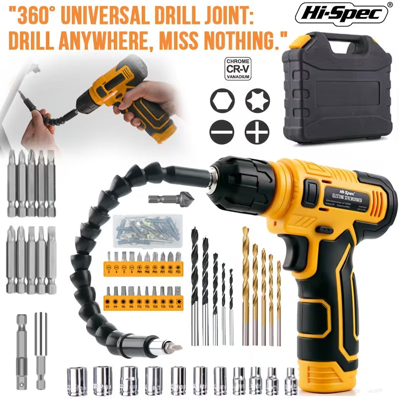 Hi-Spec 8V USB Rechargeable Yellow Electric Drill Set