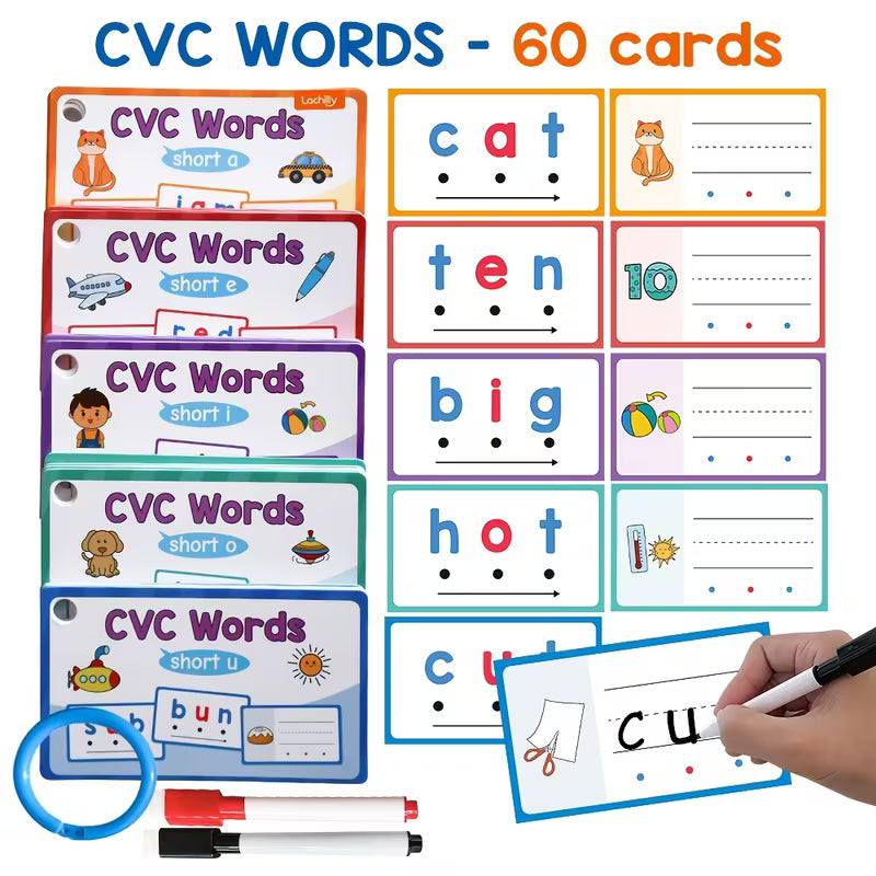 60-Piece Phonics CVC Words Flash Cards/eraseable Writing Game