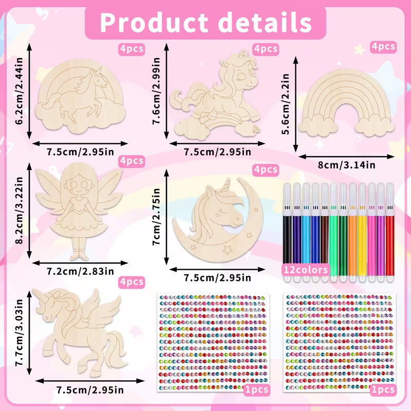 24-Piece Unfinished Wood Unicorn Cutouts Kids Craft Kit with 12 Markers