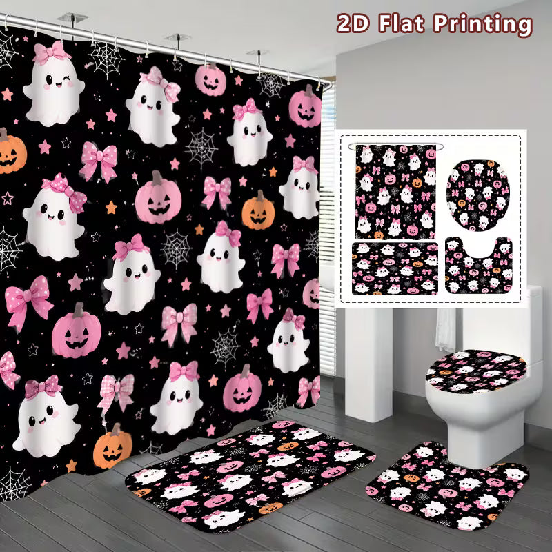 2D Flat, 2D Flat 4pcs Boho Shower Curtain Set, Black, Black