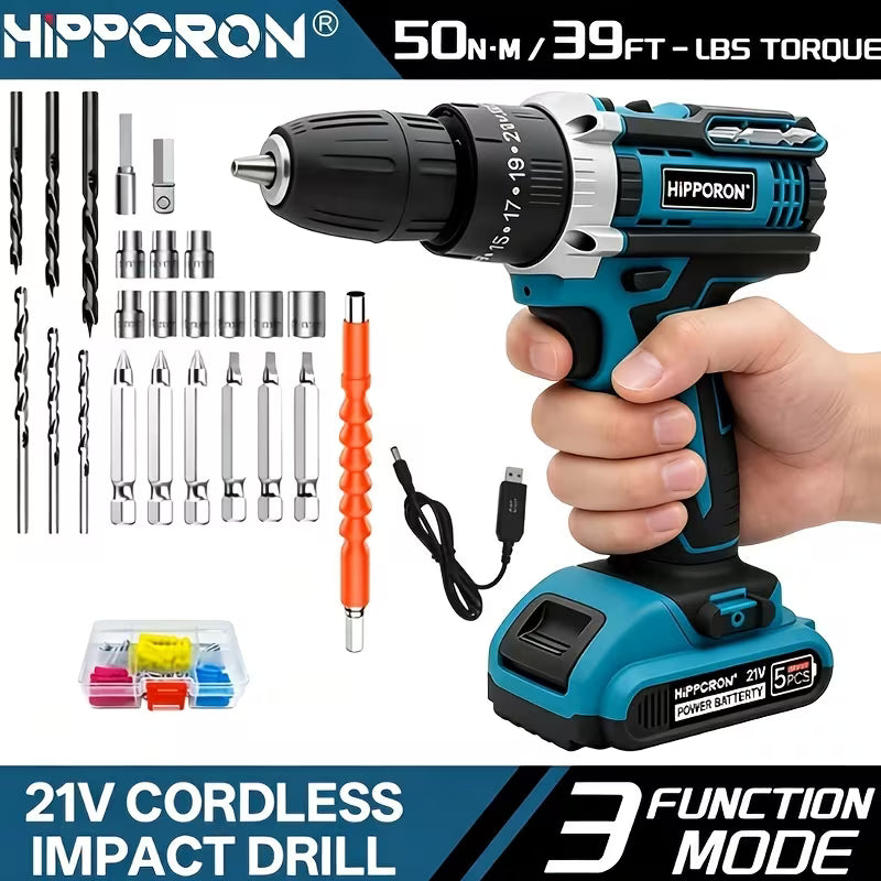 1 Set Cordless Screwdriver Kit, HIPPCRON Power Tools, 3 Functions: Impact Drill Screwdriver