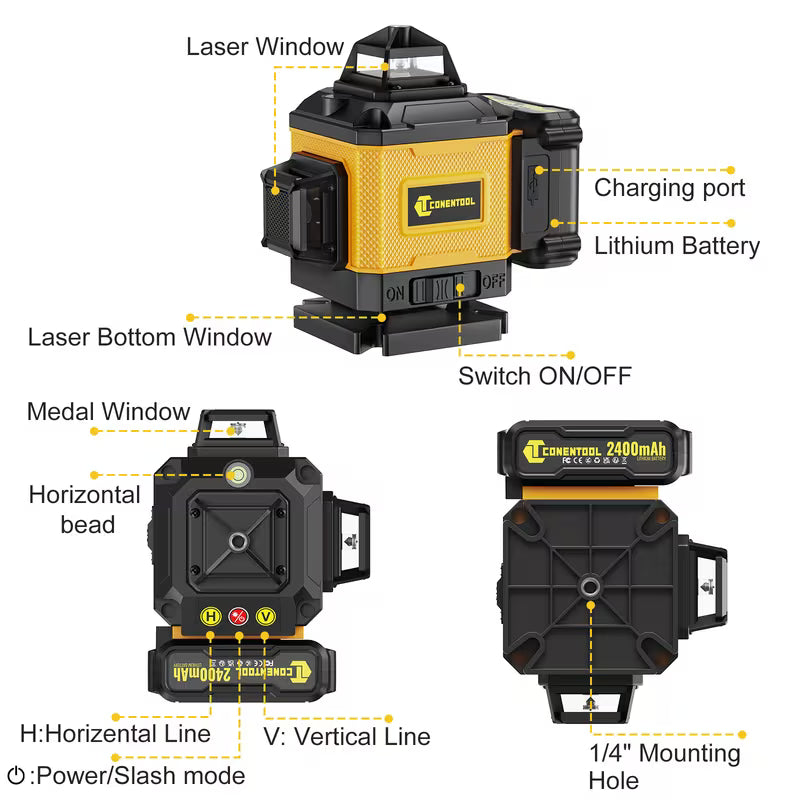Laser Level 360 Self Leveling, Green Line 4D 16 Lines Laser Leveler Tool Cross Laser with Platform