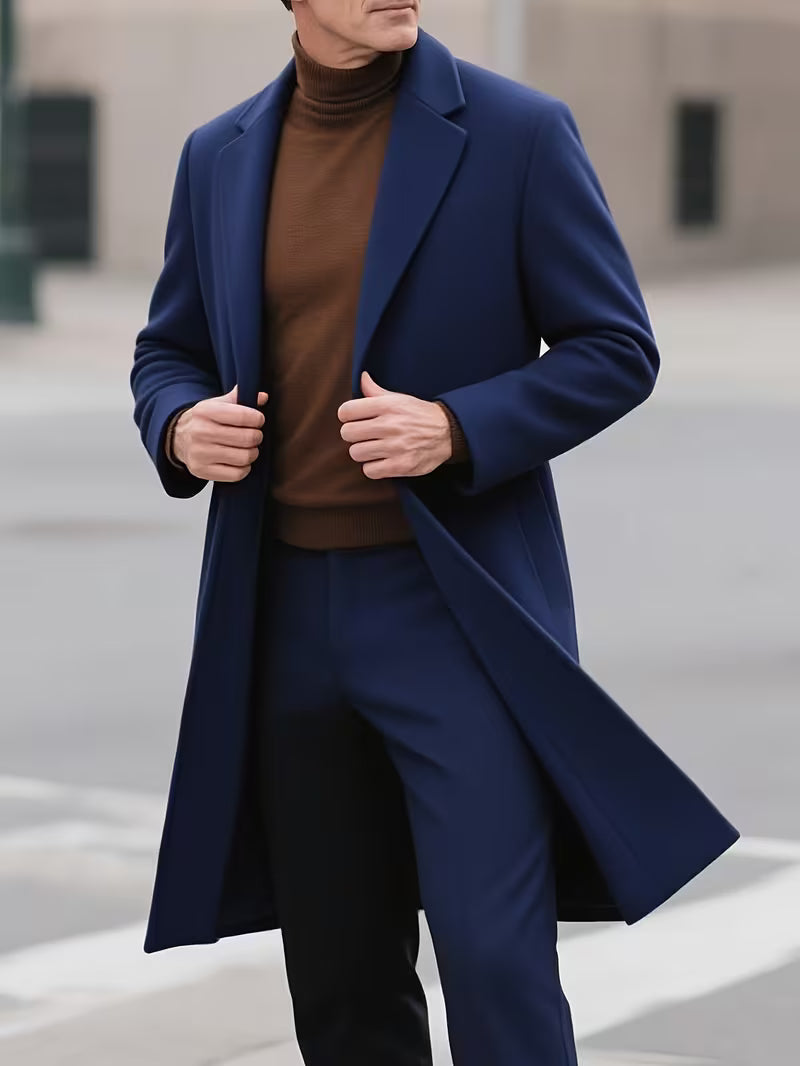 BOWOWOR Men'S Elegant Solid Gray Trench Coat - Warm Polyester Long Overcoat with Pockets