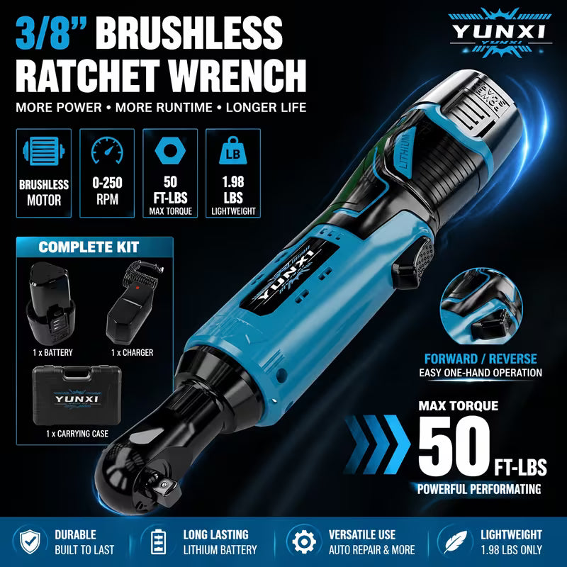 12V Cordless Ratchet Wrench Set, 3/8-inch Powerful Rotating Tool, Fast Charging