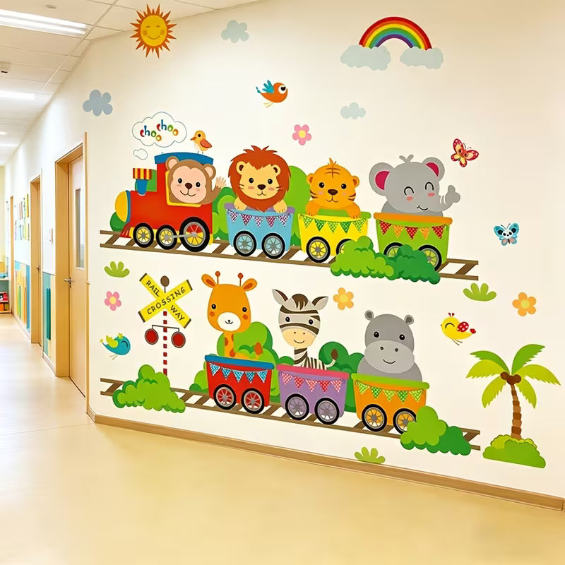 2pcs/1set Cartoon Animal Train Wall Sticker, Premium PVC Removable Self-adhesive Decal