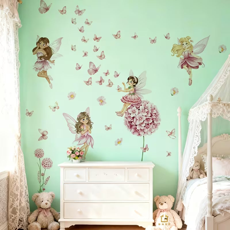 1set Pink Floral Fairy Butterfly Wall Sticker, Removable, Pvc, Pink