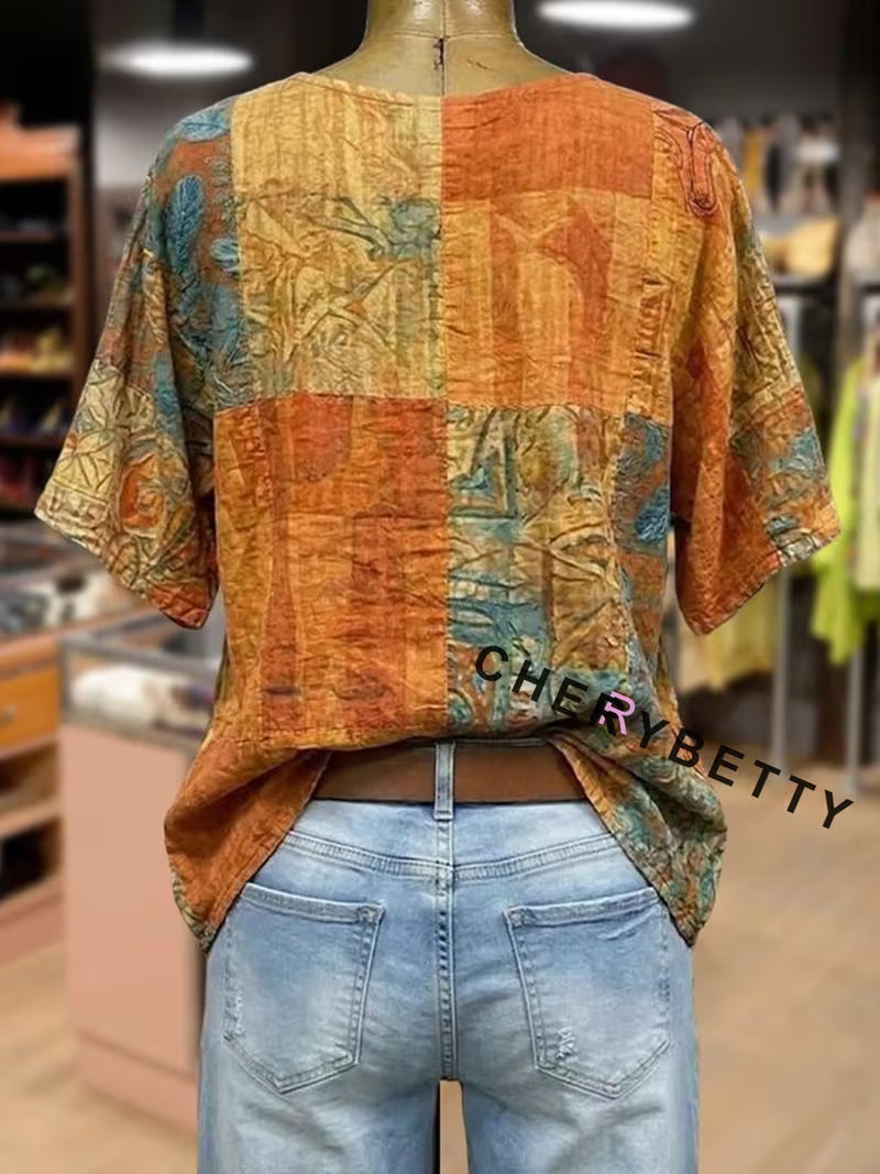CHERRYBETTY Retro Orange Dragonfly and Floral Print V Neck Top for Women