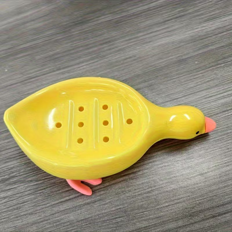 Yellow and White Duck-shaped Soap Dish with an Oval Bathroom Drainage Tray Featuring an Anti-water