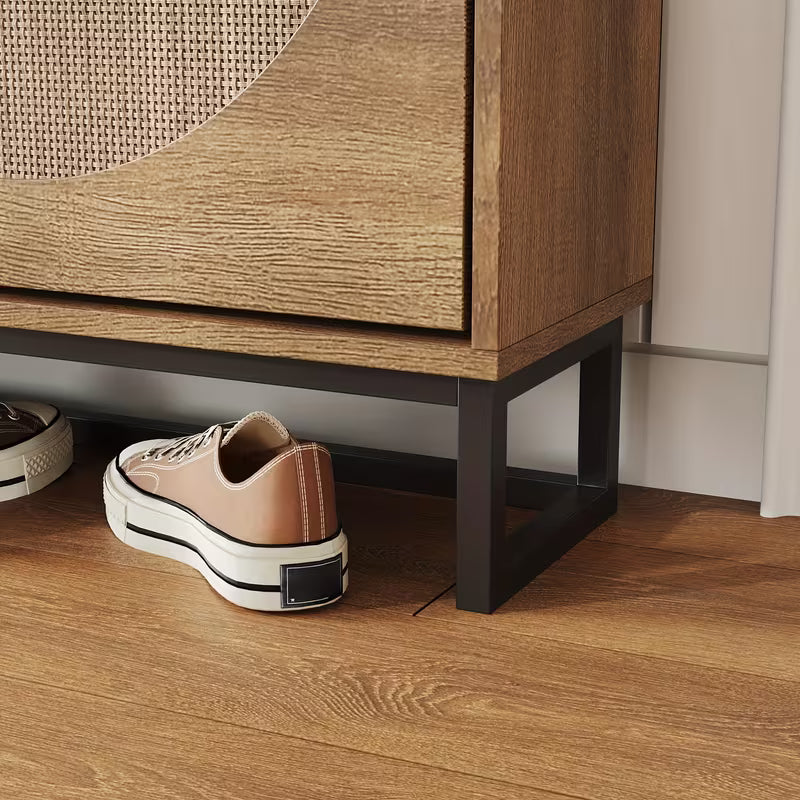 Rustic Oak Rattan Shoe Storage Cabinet, 2/3/4 Flip Drawers Freestanding Narrow Shoe Organizer