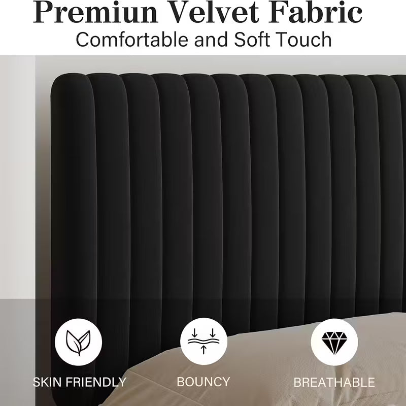 Twin Full Queen King Size Bed Frame, Velvet Upholstered Platform Bed With Vertical Channel Tufted