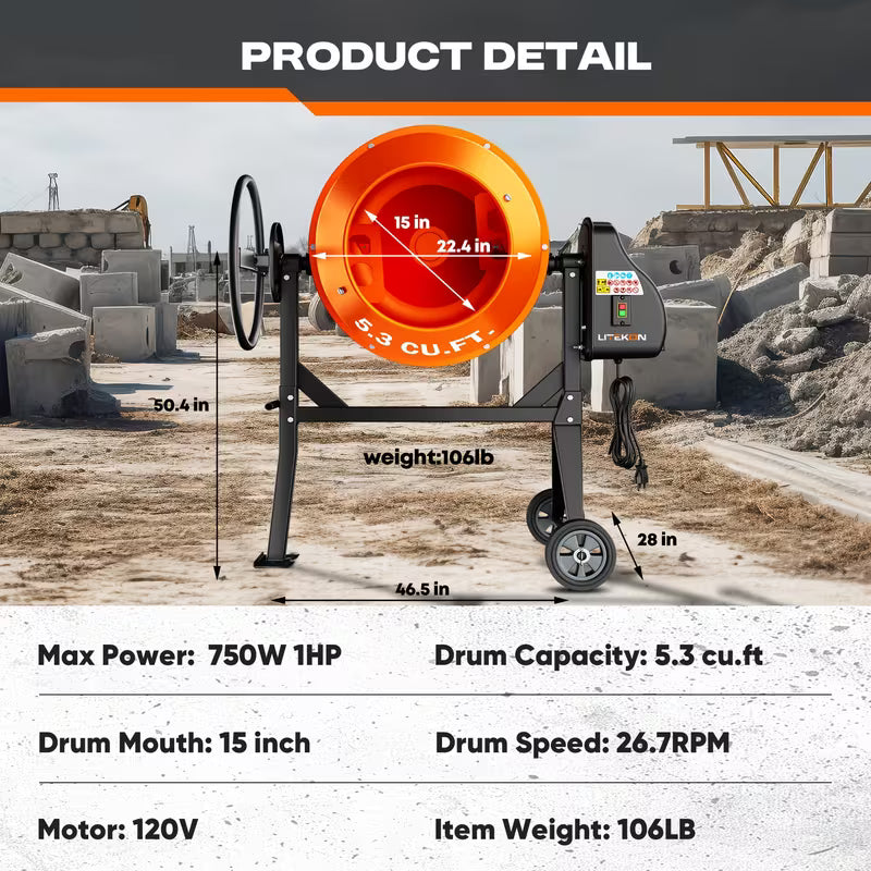 4.3/5.3 Cubic Feet, Heavy-Duty Cement Mixer, 450W/750W Electric Concrete Mixer