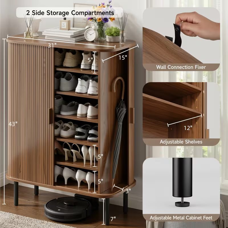 PAZCASA 6-Tier Shoe Cabinet with Sliding Door, Wooden Shoe Storage Cabinet with Adjustable Shelves