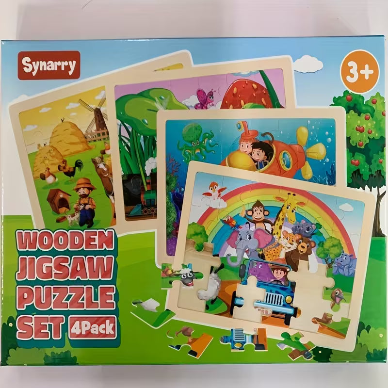 Large Animals Wooden Puzzles 4*24-Piece for Kids 4-in-1 Gift Box