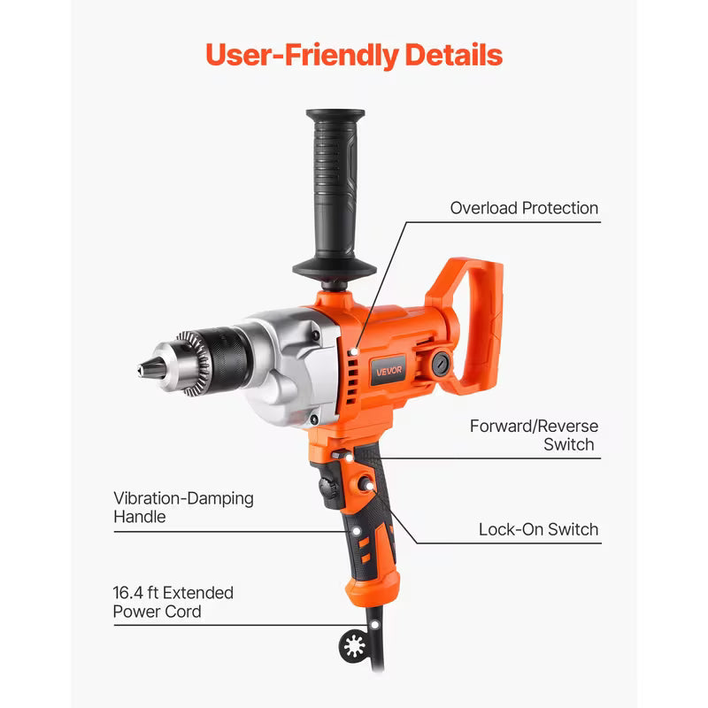 VEVOR Drill Mixer, 5/8 inch Corded Electric Drill Mixer Set, 0-850RPM 5.8A Mixing Drills