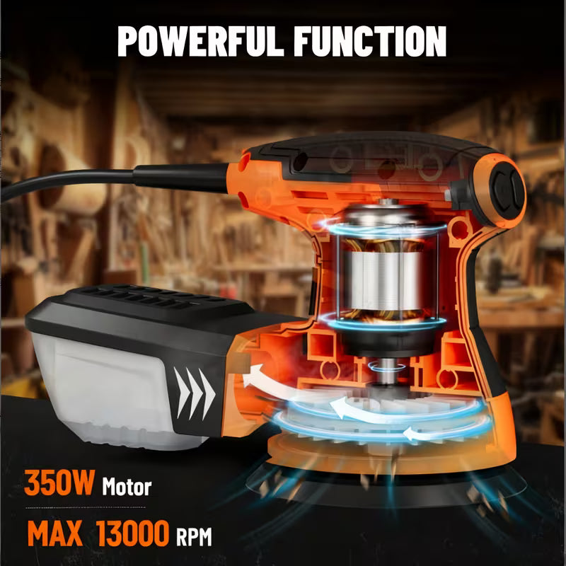 ROS01A Orbital Sander, 3A Random Orbit Sander, 6 Variable Speeds, Up to 13000 rpm, 12pcs Sandpapers