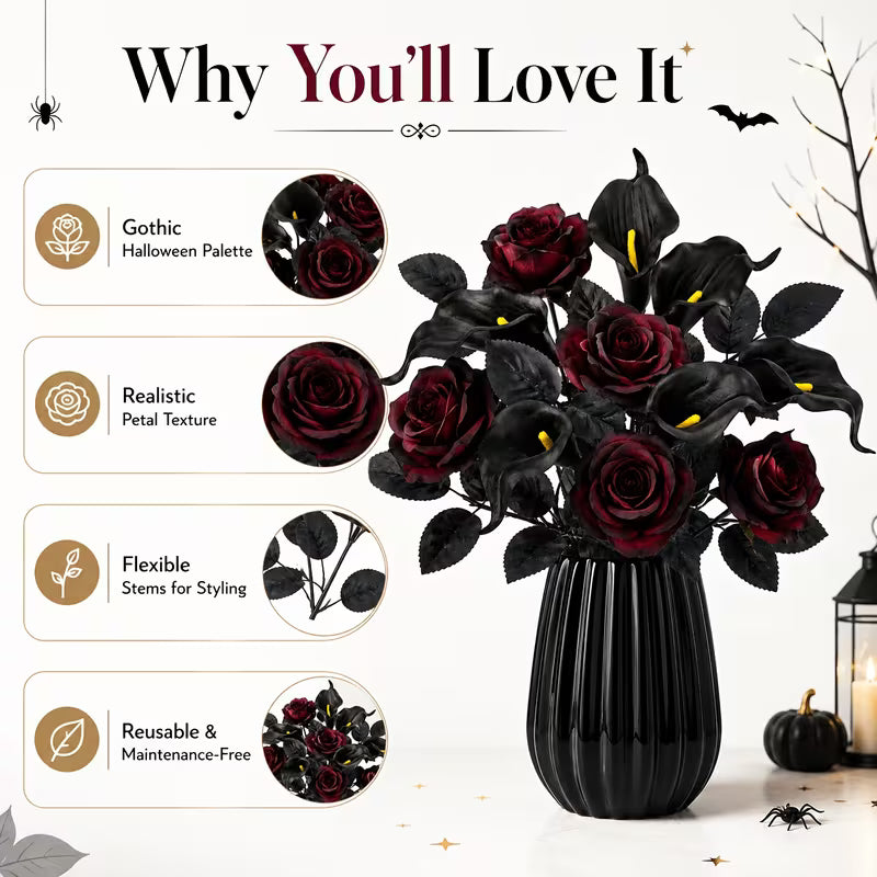 Autumn Halloween Burgundy Rose Black Lily Simulation Bouquet Set, Black