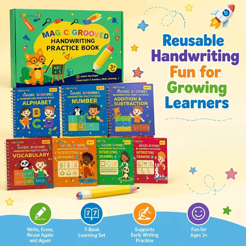 7 Pack Magic 3D Groove Writing Books with Special Pen