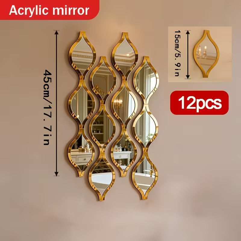 12pcs, Teardrop Combination Bathroom Mirrors, Golden Artistic Decorative Mirrors