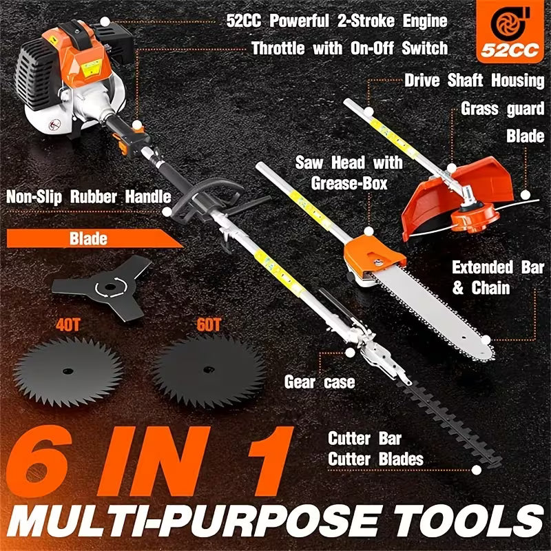 Gas Weed Wacker 52CC 2-Stroke Weed Eater Gas Powered, 6-in-1 Gas Hedge Trimmer, Gas Brush Cutter