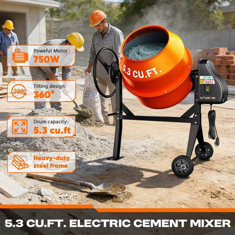 4.3/5.3 Cubic Feet, Heavy-Duty Cement Mixer, 450W/750W Electric Concrete Mixer