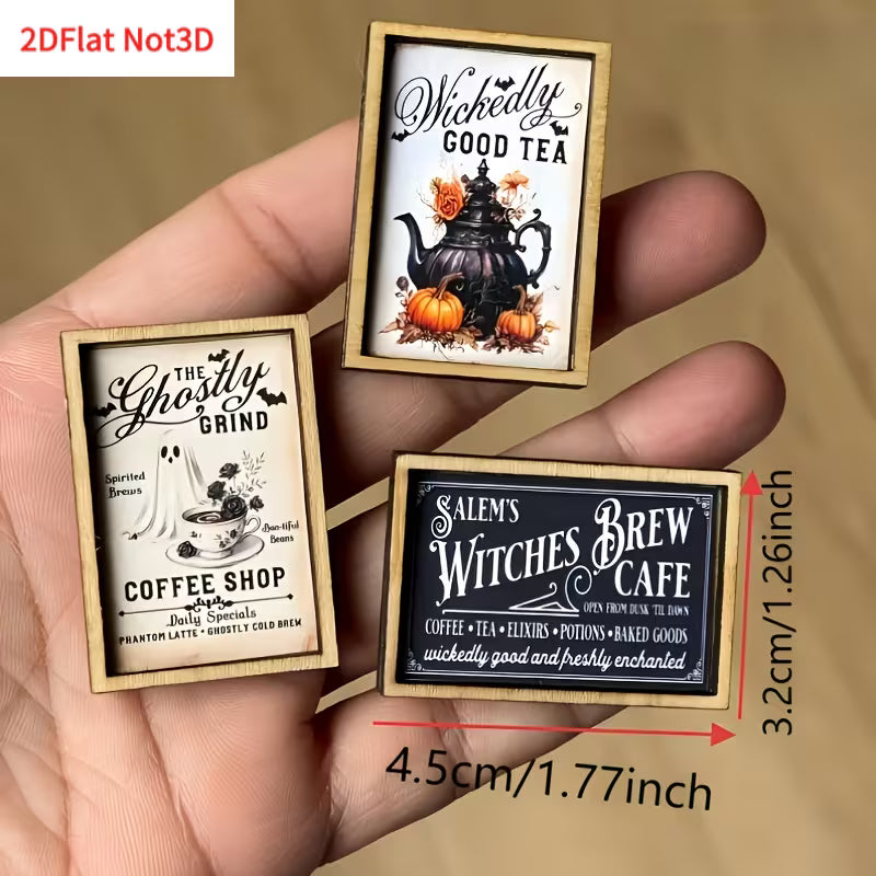 2D Flat, 2D Flat Wooden 3pcs Miniature Halloween House Sign Wall Art, Haunted