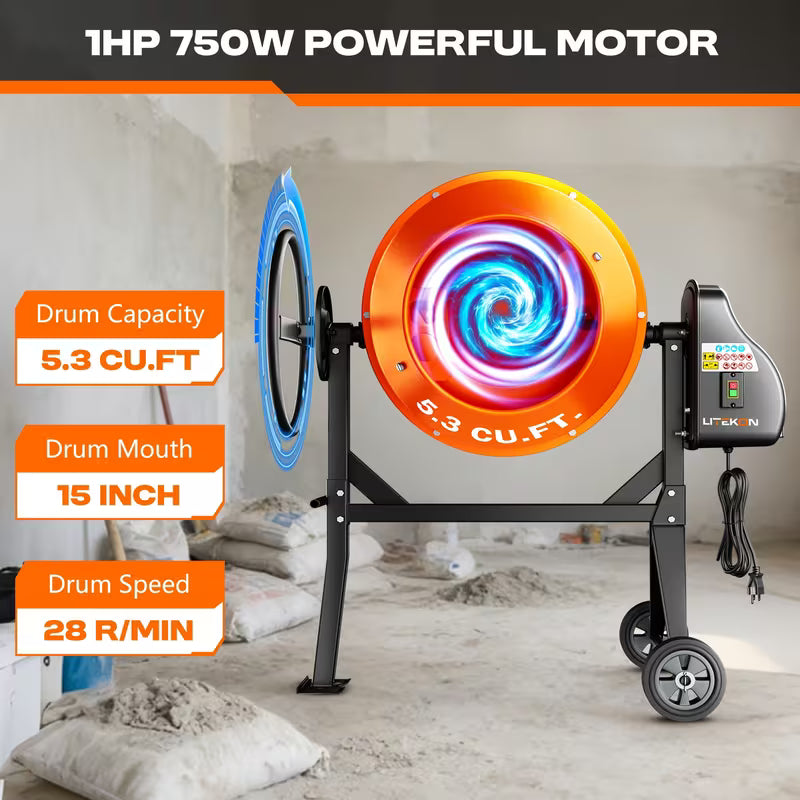 4.3/5.3 Cubic Feet, Heavy-Duty Cement Mixer, 450W/750W Electric Concrete Mixer
