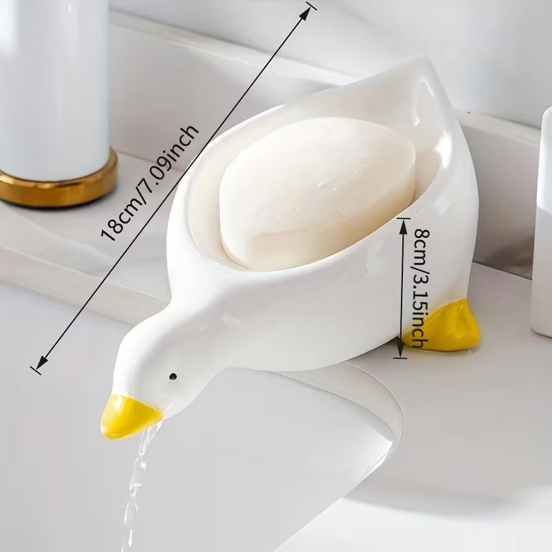 Yellow and White Duck-shaped Soap Dish with an Oval Bathroom Drainage Tray Featuring an Anti-water