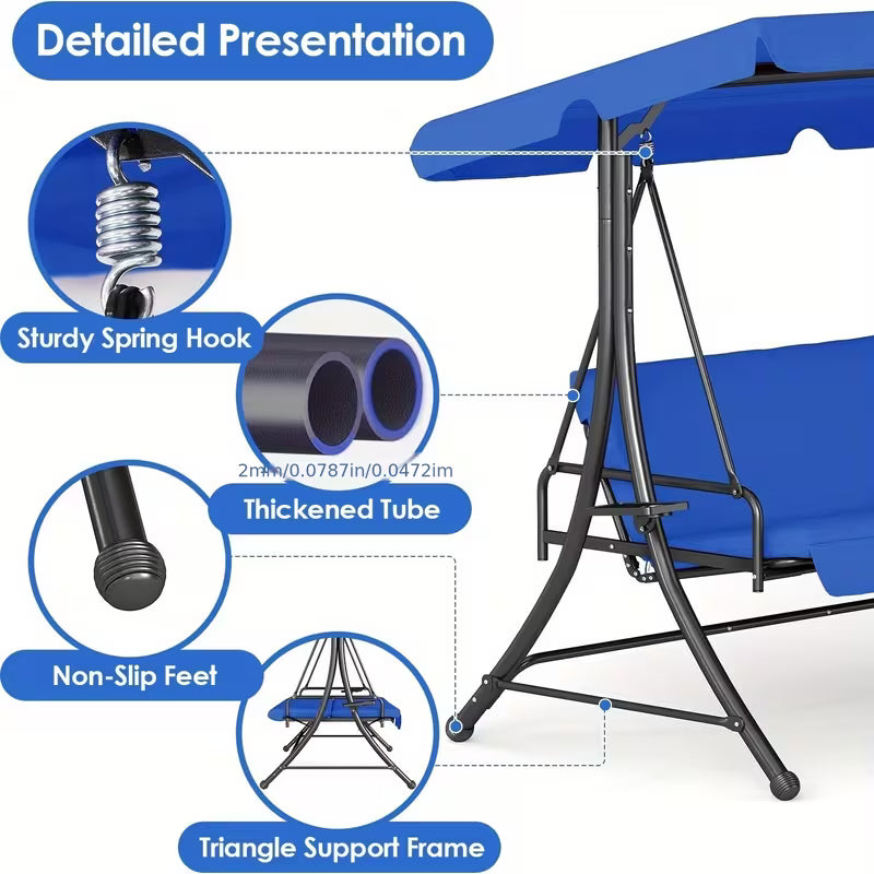 2-in-1 Outdoor Patio Swing 3-Seat Porch Swing, Blue