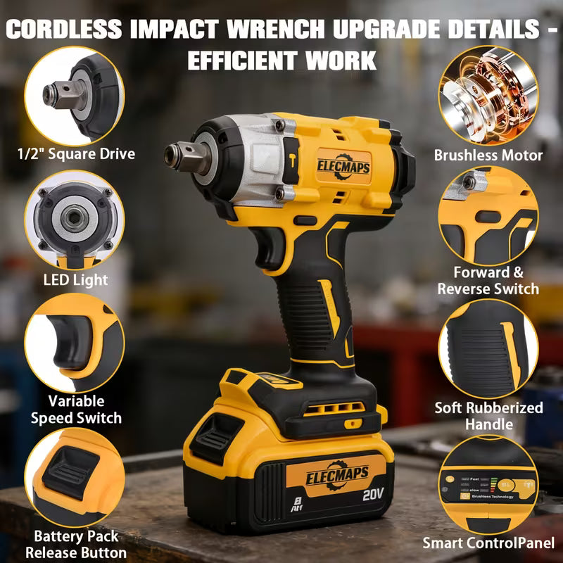 Brushless Power Tool Set - 4pcs Tool Set Including Impact Wrench, Drill, Angle Grinder