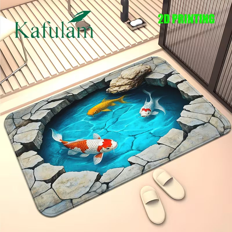 1pc 2D Carpet with Koi Fish Design | Flannel and Polyester, Machine Washable, Suitable