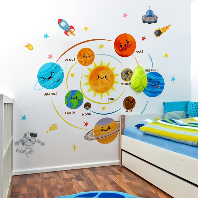 1Set/2pcs Kids Room Wall Stickers, Cute Cartoon Space Planet Solar System and Stick Wall Stickers