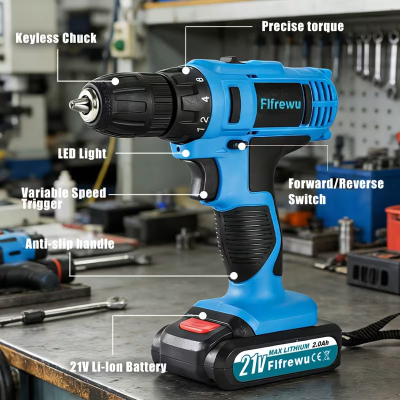 Cordless Drill, 21V Lithium-Ion Rechargeable Electric Drill