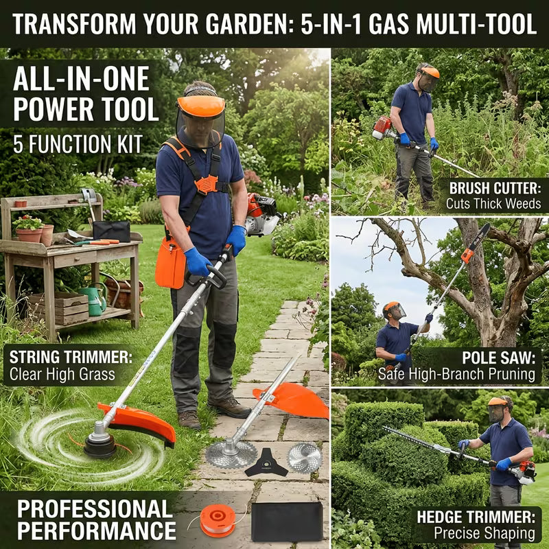 120Cc 6-In-1 Gasoline Brush Cutter/Weed Trimmer/Mower/High-Powered Saw/Lawn Mower, Two-Stroke