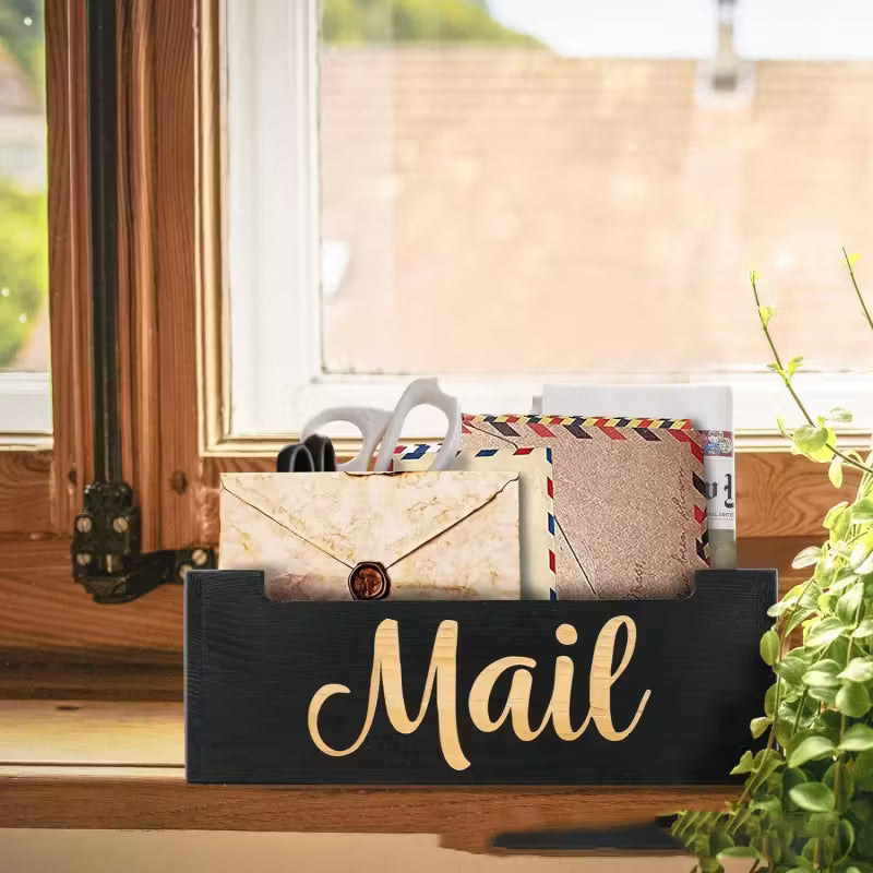 Wooden Mail Holder Storage Organizer Box Rustic Brown Wood with MAIL Script Design, Desktop