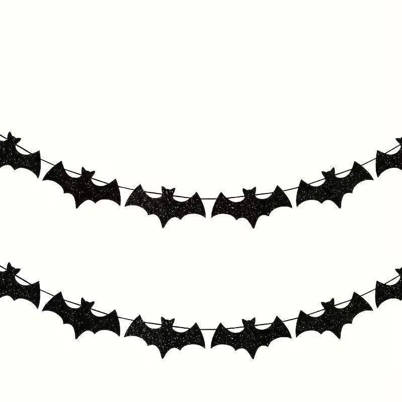 Black Shiny Bat Wreath Banner Halloween Party Decoration Hanging Ornament, Black