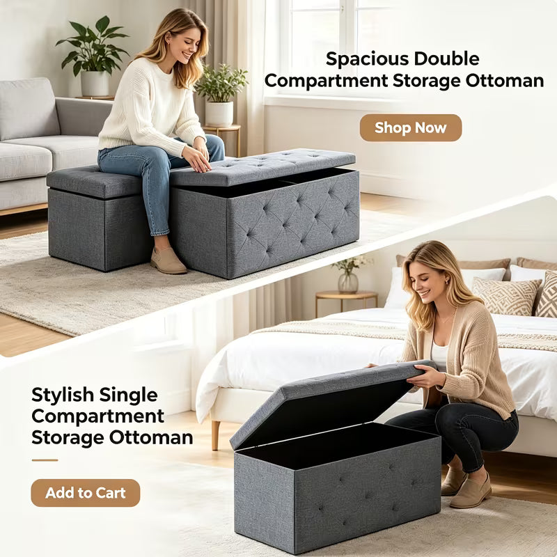 Heavy Duty Multifunctional Folding Storage Footstool Bench, Grey
