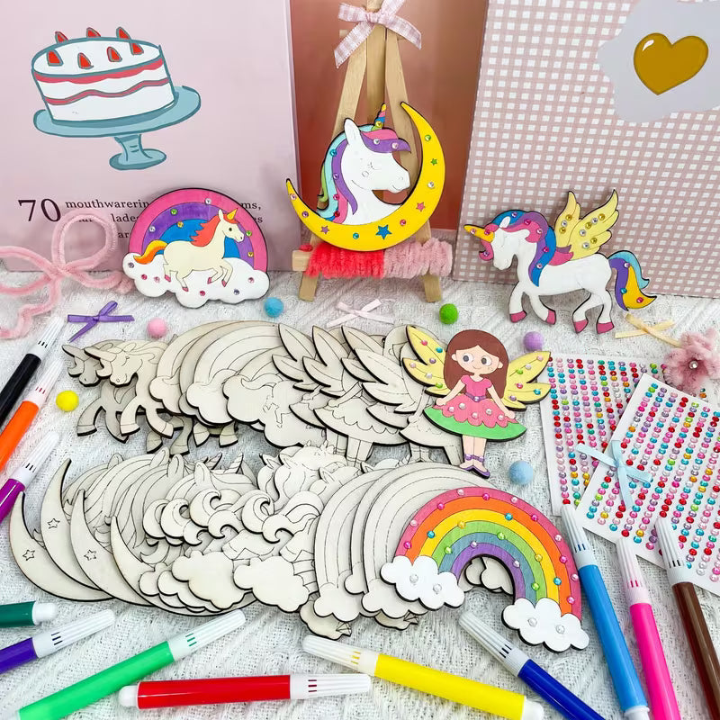 24-Piece Unfinished Wood Unicorn Cutouts Kids Craft Kit with 12 Markers