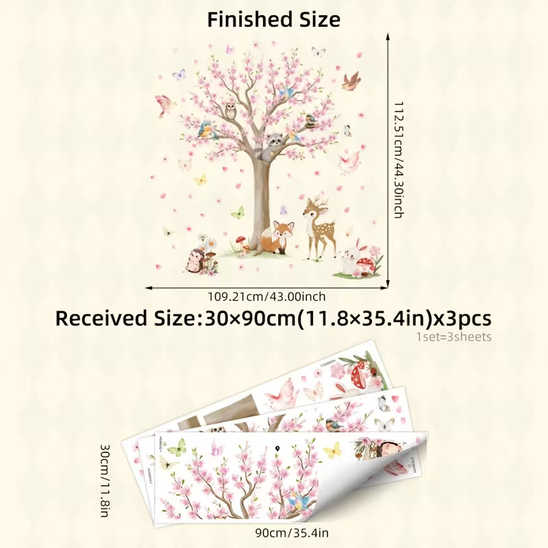 3 Sheets 11.81*35.43inch Peach Blossom Tree Animal Bird Wall Stickers | Self-Adhesive PVC
