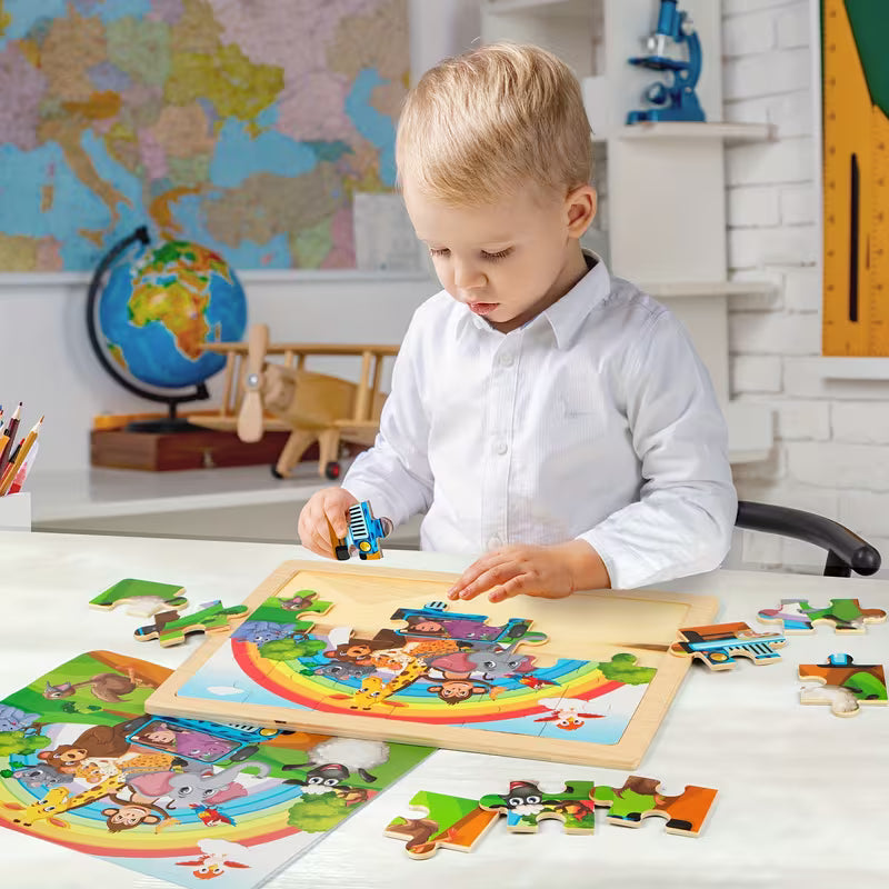 Large Animals Wooden Puzzles 4*24-Piece for Kids 4-in-1 Gift Box
