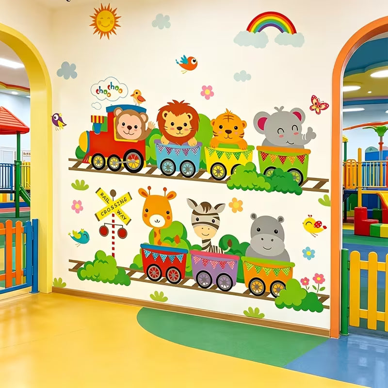 2pcs/1set Cartoon Animal Train Wall Sticker, Premium PVC Removable Self-adhesive Decal