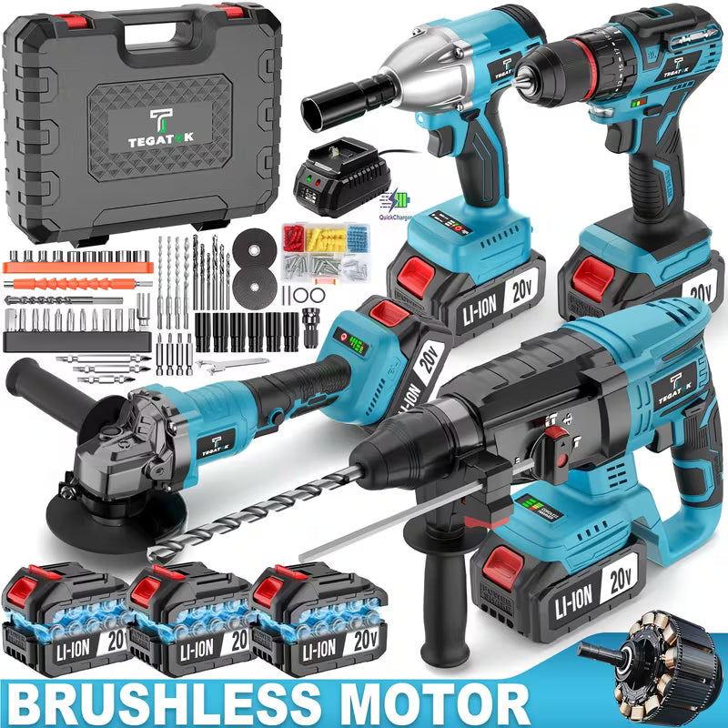 20V Brushless Cordless Electric Tool Set, Equipped with Cordless Drill/Angle Grinder